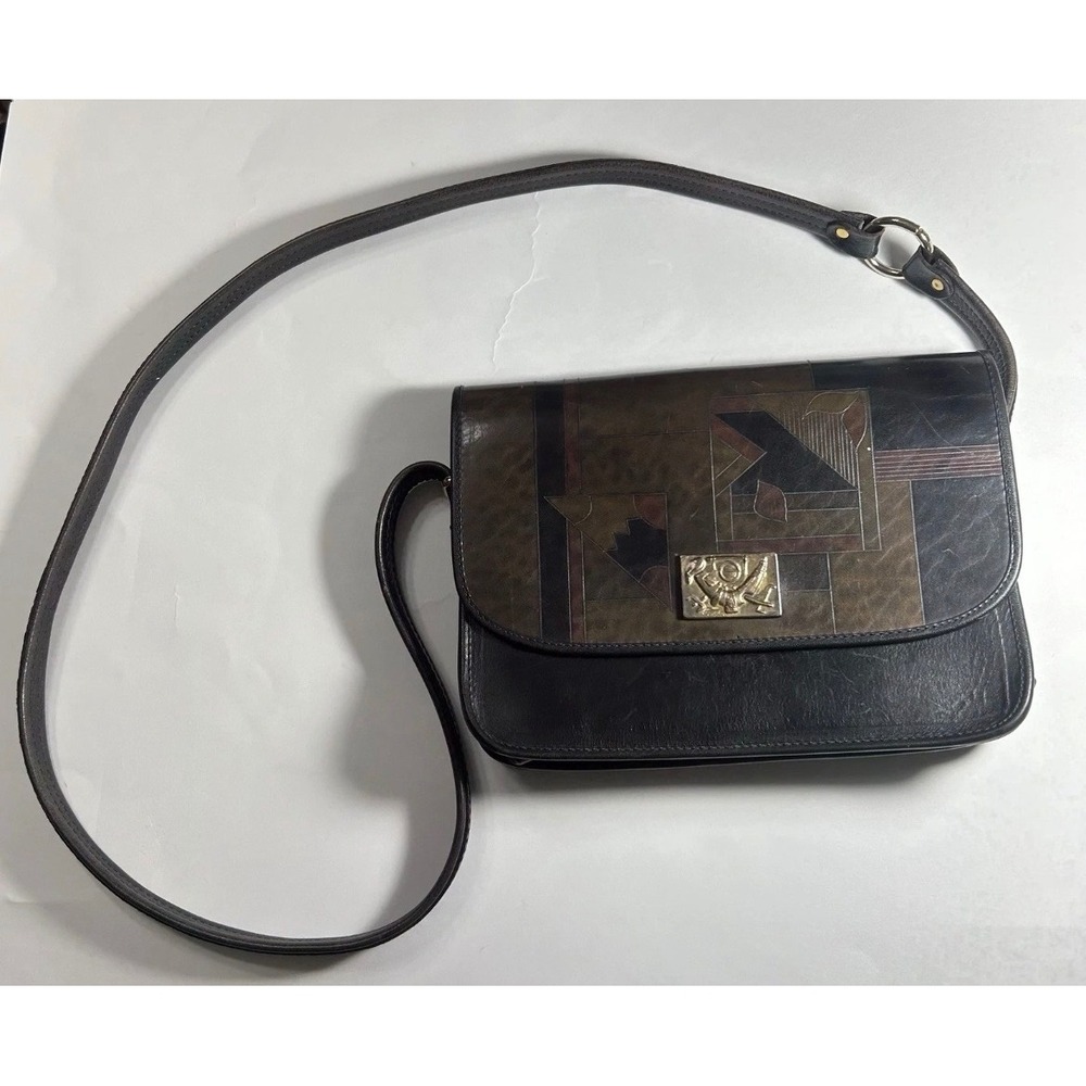 Emanuelli Vintage Black Leather Geometric Abstract Crossbody Bag Italy